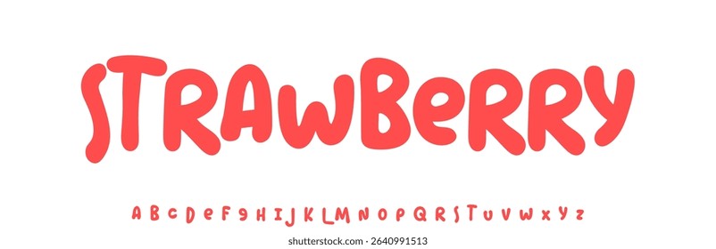 Summer Strawberry, joyful lettering, cartoon rounded typography. Childish font for friendly logo headline of culinary recipe book, sweets, ice cream title. Food typographic design. Vector typeset.