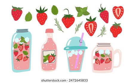 Summer strawberry lemonade set vector illustration. Collection beverage with berry, mint and rosemary on white background.