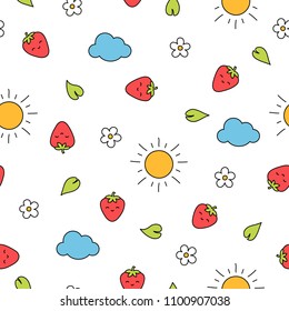 Summer strawberry seamless pattern with blossoms and sun