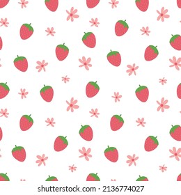 Summer strawberry seamless pattern. Cute simple fresh strawberry background with flowers. Cute vector print drawn in cartoon style for textiles, packaging