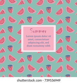 Summer Strawberry and Watermelon Pattern with Text in the middle. Vector Illustration