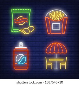 Summer street cafe, nuts, French fries and drink can neon signs set. Takeaway food, meal, snack design. Night bright neon sign, colorful billboard, light banner. Vector illustration in neon style.