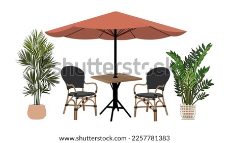 Summer street cafe, restaurant scene. Patio, outdoor, garden furniture set with rattan chairs, table, umbrella, potted plants. Coffee shop. Cafe terrace with seats under parasol. Vector illustration.