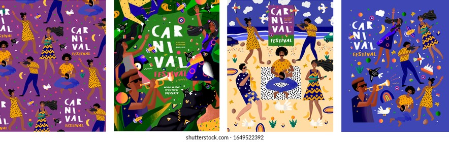 Festival de carnaval de verano! Conjunto de carteles vectoriales con mujer bailarina, músico tocando instrumentos musicales y patrones coloridos. Dibujo de personajes para banner, volante o afiche