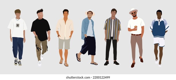 Summer Street fashion men vector art illustration. Young men wearing trendy modern street style outfit standing and walking. Cartoon style vector illustration isolated on white background.