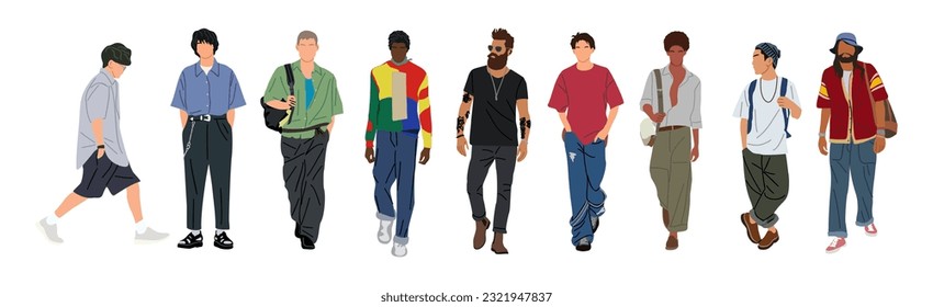 Summer Street fashion men vector art illustration. Different Young men wearing trendy modern street style outfit standing, walking. Cartoon style vector illustration isolated on white background.