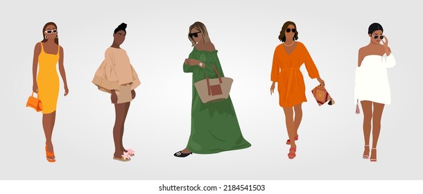 Ilustraciones realistas del vector de moda de verano. Colección de jóvenes elegantes con vestidos modernos. Un conjunto de atuendos casuales de moda. Montón de lindas chicas que marcan tendencias.