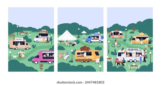 Summer street festival, vertical cards set. Outdoor event with tiny people relaxing at food trucks. Fest market with vans, poster backgrounds. Holiday relaxation in nature. Flat vector illustration