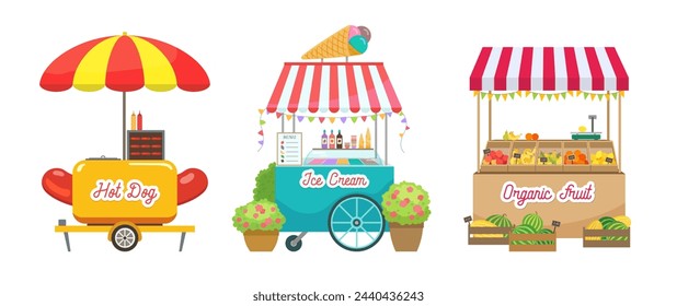 Summer street food carts set. Mobile ice cream cart, farmers kiosk, hot dog portable stand with sunshade canopy. Vector illustration isolated flat design elements for urban landscape in game or book.