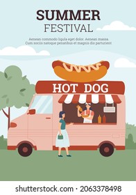 Summer Street Food Festival Banner Mockup With Hot Dog Truck And People Buying Snacks, Flat Vector Illustration. Ready Takeaway Food Event Advertising Banner.