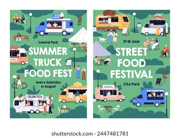 Summer street food festival, market posters. Outdoor holiday event with trucks and tiny people, inviting card, promotion flyer designs. City park fest, promo templates. Flat vector illustration