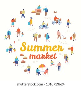 Summer street market. People crowd flat vector