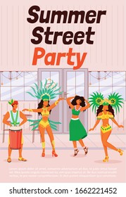 Summer street party poster flat vector template. Dancing women in traditional wear. Man playing conga. Samba. Brochure, booklet one page concept design with cartoon characters. Carnival flyer, leaflet