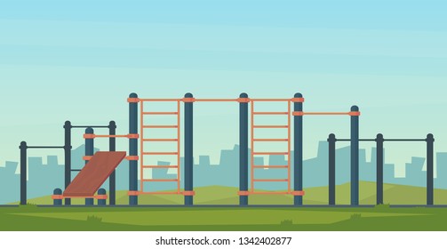Summer street workout park for fitness and strength training. City sport place. Element and equipment for urban outdoor training. Flat illustration