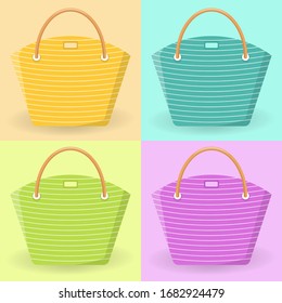 Summer Striped bag in four colors. Vector summer handbag. Bag with stripes vector illustrations. Women handbag.