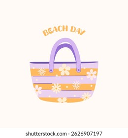 Summer striped beach bag with floral pattern. Summer women's handbag hand drawn in a simple flat style