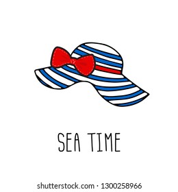 The summer striped beach sun hat icon in doodle style on white background. Vector illustration of red and blue symbol can be used for tag, poster, card,