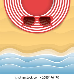 Summer striped hat and red sunglasses. Woman beach sunhat on sand. Top view. Summer concept. Vector illustration