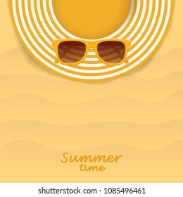 Summer striped hat and yellow sunglasses. Woman beach sunhat on sand. Top view. Summer concept. Vector illustration