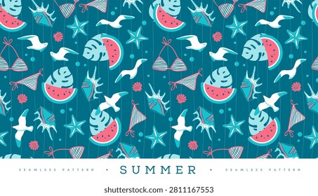 Summer striped sea style seamless patter with seagulls, swimsuit, shells, tropic leaves, watermelon, starfish and baubles. Vector illustration