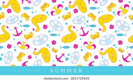 Summer striped sea style seamless pattern with inflatable flamingo swim ring, fish, crab, shell, anchor and baubles. Mediterranean-themed summer vibe background. Vector illustration