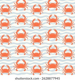 Summer striped seamless pattern with crabs and waves hand drawn. Vector.