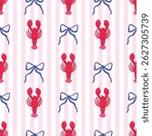 Summer striped seamless pattern with red lobsters and bows, decorative marine wallpaper