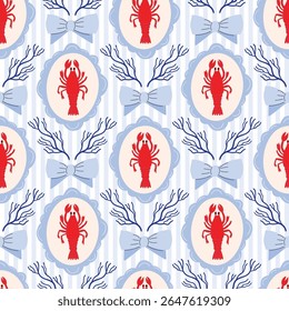 Verão listrado padrão sem emenda com lagostas vermelhas e arcos, papel de parede marinho decorativo, fundo coquette