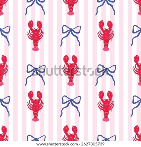 Summer striped seamless pattern with red lobsters and bows, decorative marine wallpaper