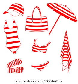 Summer striped set in red color. Vector isolated illustration.