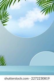 Summer Studio Background,3D Window Display Stand podium with Palm Leaves,Sky and Cloud on Blue Wall,Vector minimal backdrop design for Spring, Summer Product Presentation,Sale,Promotion,Holiday Event