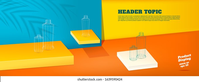 Summer studio table with product display block background.vivid yellow orange and blue with palm leaf shadow and hard light room for display of product.mockup banner for advertising online