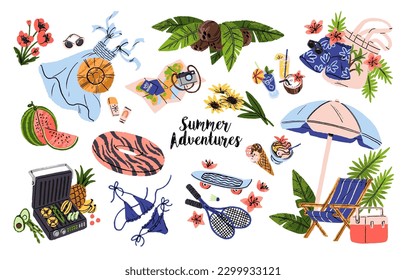 Summer stuff, travel items set. Holiday accessories, tourists elements bundle. Beach clothes, food, fruits, cocktails, map and camera, umbrella. Flat vector illustrations isolated on white background