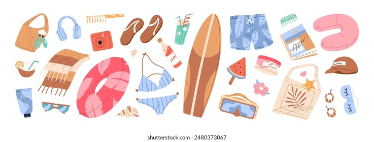 Summer stuff for tropical holidays set. Tourists' items for travel, sea vacations. Accessories, clothes for beach. Surfboard, bikini, inflatable circle. Flat isolated vector illustrations on white