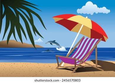 Summer style background of sea shore view dolphin jumping. Good sunny day. Deck chair and beach umbrella on the sand coas