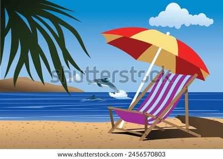 Summer style background of sea shore view dolphin jumping. Good sunny day. Deck chair and beach umbrella on the sand coas