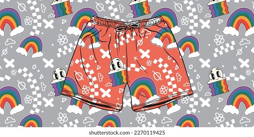 Summer Style. Beach Pants Mockup with Flat Retro Patterns from the 90s