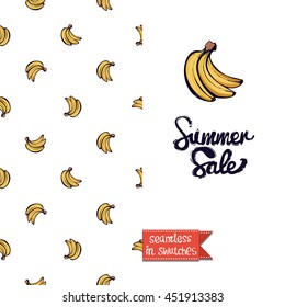 Summer style double sided greeting card for vacation. Seamless pattern with banana on one side and on another big art element with lettering: summer sale.