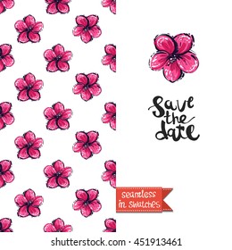 Summer style double sided greeting card for vacation. Seamless pattern with tropical flower blossom on one side and on another big art element with lettering: save the date.