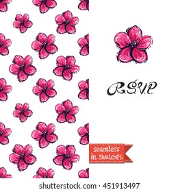 Summer style double sided greeting card for vacation. Seamless pattern with tropical flower blossom on one side and on another big art element with lettering: rsvp.