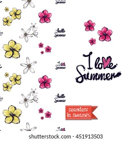Summer style double sided greeting card for vacation. Seamless pattern with tropical flowers on one side and on another big art element with lettering: i love summer.