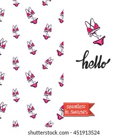 Summer style double sided greeting card for vacation. Seamless pattern with pink bikini swimsuit on one side and on another big art element with lettering: hello.