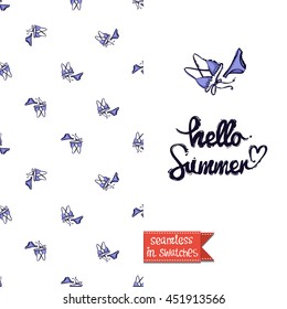 Summer style double sided greeting card for vacation. Seamless pattern with bikini swimsuit on one side and on another big art element with lettering: hello summer.
