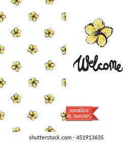 Summer style double sided greeting card for vacation. Seamless pattern with hawaii flower on one side and on another big art element with lettering: welcome.