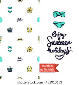 Summer style double sided greeting card for vacation. Seamless pattern with bikini, slippers, hat and tropical flower on one side and on another big art element with lettering: enjoy summer holidays.