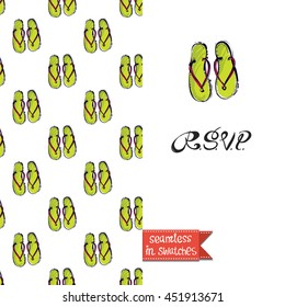 Summer style double sided greeting card for vacation. Seamless pattern with slippers on one side and on another big art element with lettering: rsvp.