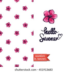 Summer style double sided greeting card for vacation. Seamless pattern with tropical blossom on one side and on another big art element with lettering: hello summer.
