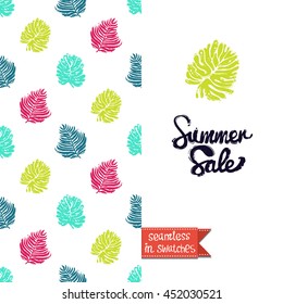 Summer style double sided greeting card for vacation. Seamless pattern with tropical leaves on one side and on another big art element with lettering: summer sale.