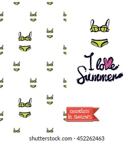 Summer style double sided greeting card for vacation. Seamless pattern with bikini swimsuit on one side and on another big art element with lettering: i love summer.