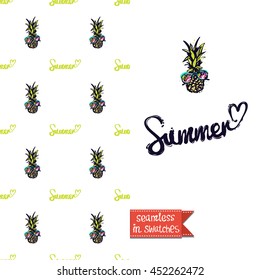 Summer style double sided greeting card for vacation. Seamless pattern with pineapples on one side and on another big art element with lettering: summer.